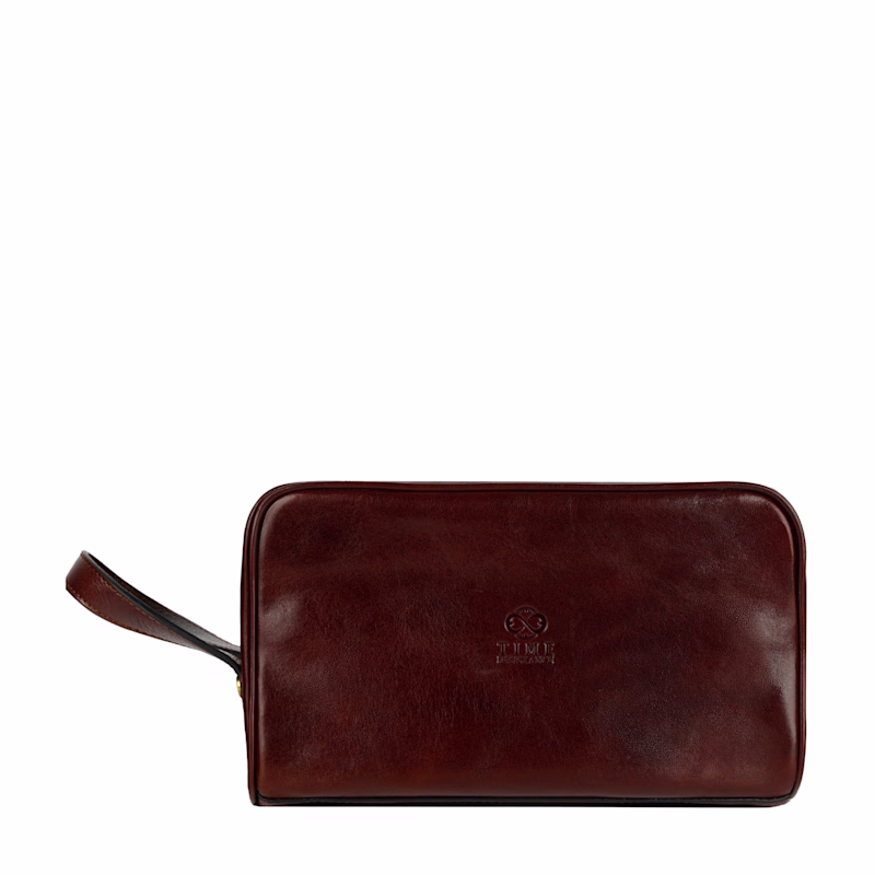 Brown Leather Cosmetic Bag Dopp Kit front view